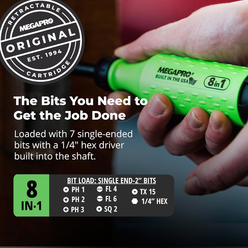 Megapro ® 8-in-1 Multi-Bit Screwdriver | Kitchen Drawer Tool | Furniture Assembly | Household Repairs | Multi-Bit Screwdriver with ¼” Hex Shaft | Phillips, Flat, Square, Torx (Neon Green/Black) - Image 2